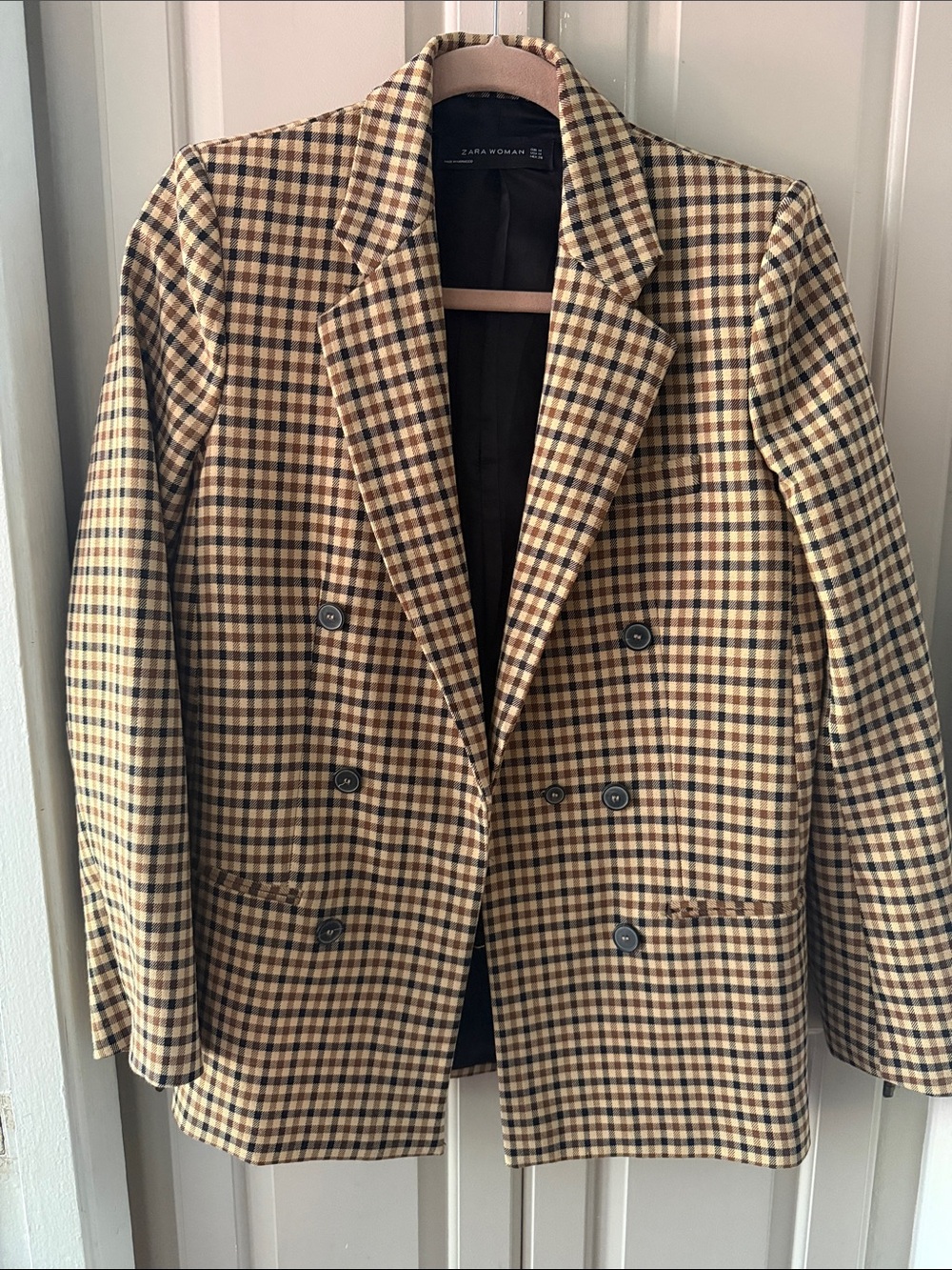 Zara Checked Double-Breasted Blazer in Brown and Cream
